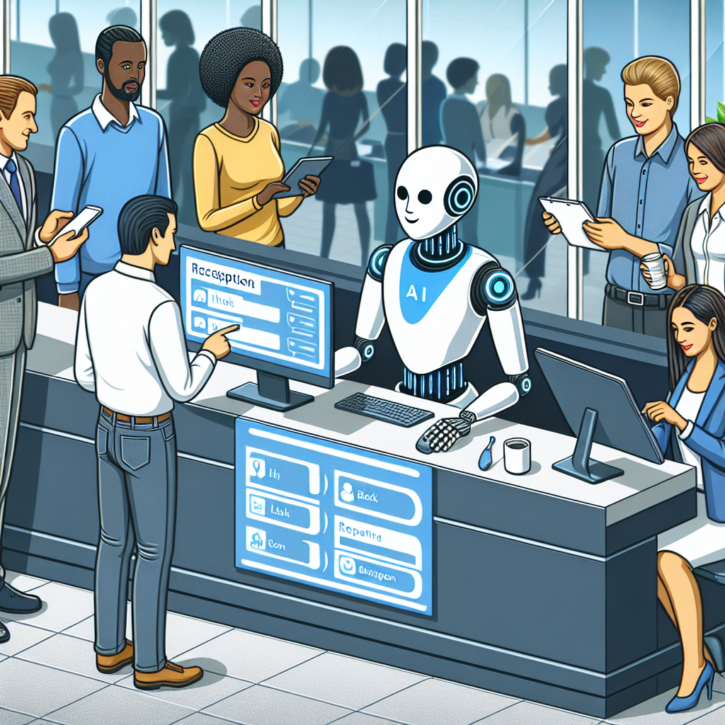 Illustration of a modern AI receptionist in action, interacting with customers through various digital channels.