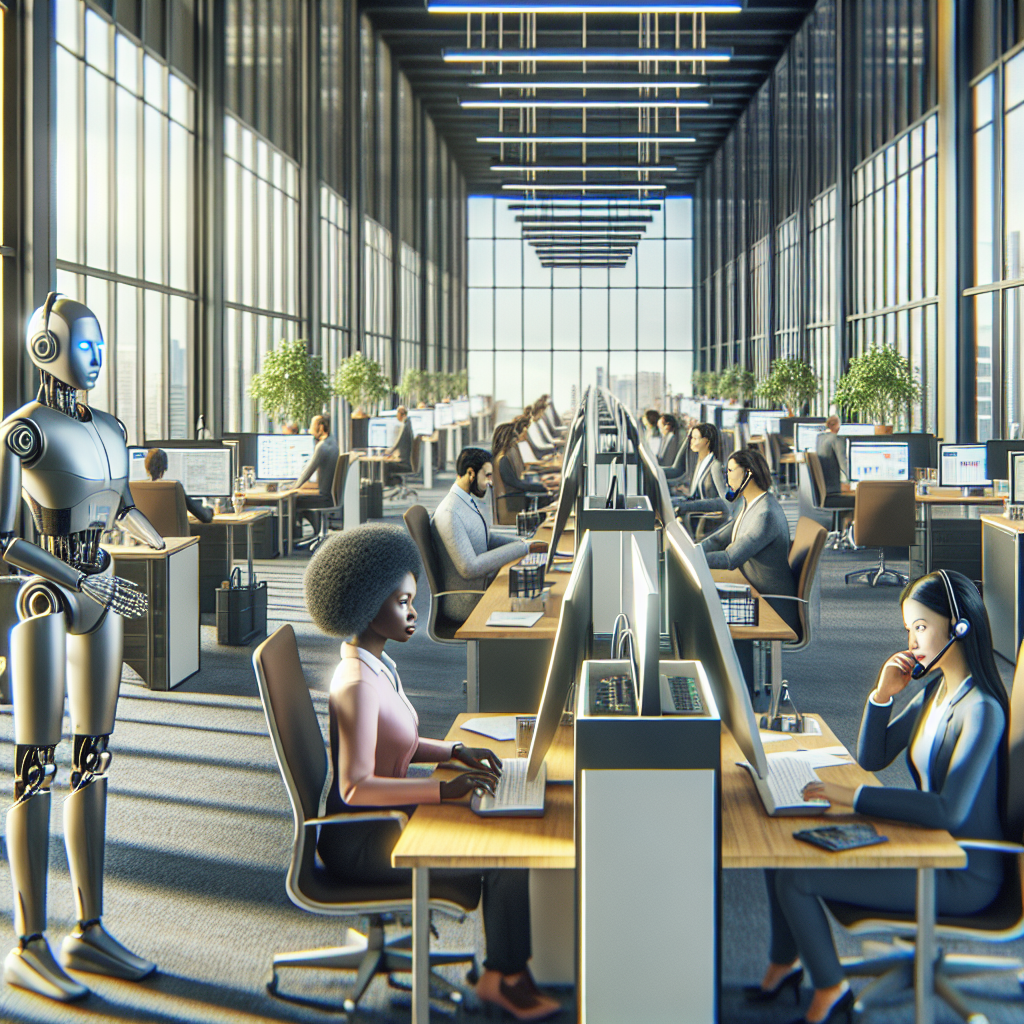 A busy office setting with employees engaging in virtual calls alongside AI-powered dialers