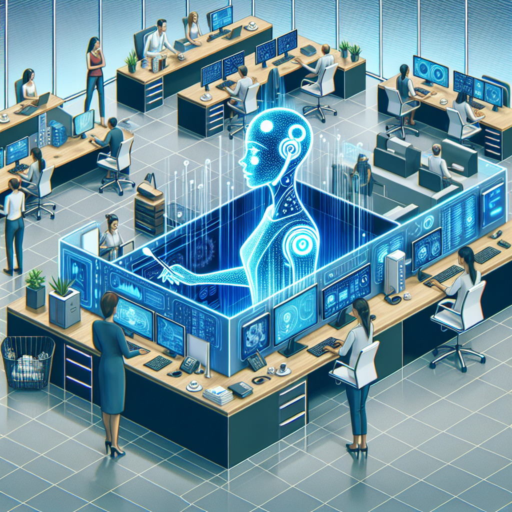 Illustration of a bustling office with an AI-powered virtual receptionist handling calls.
