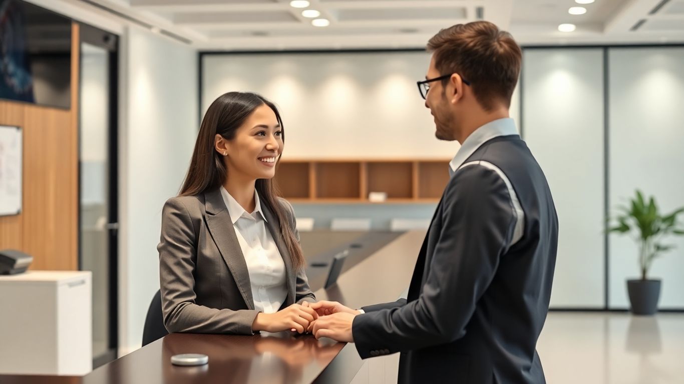 AI receptionist assisting a client in a modern office.
