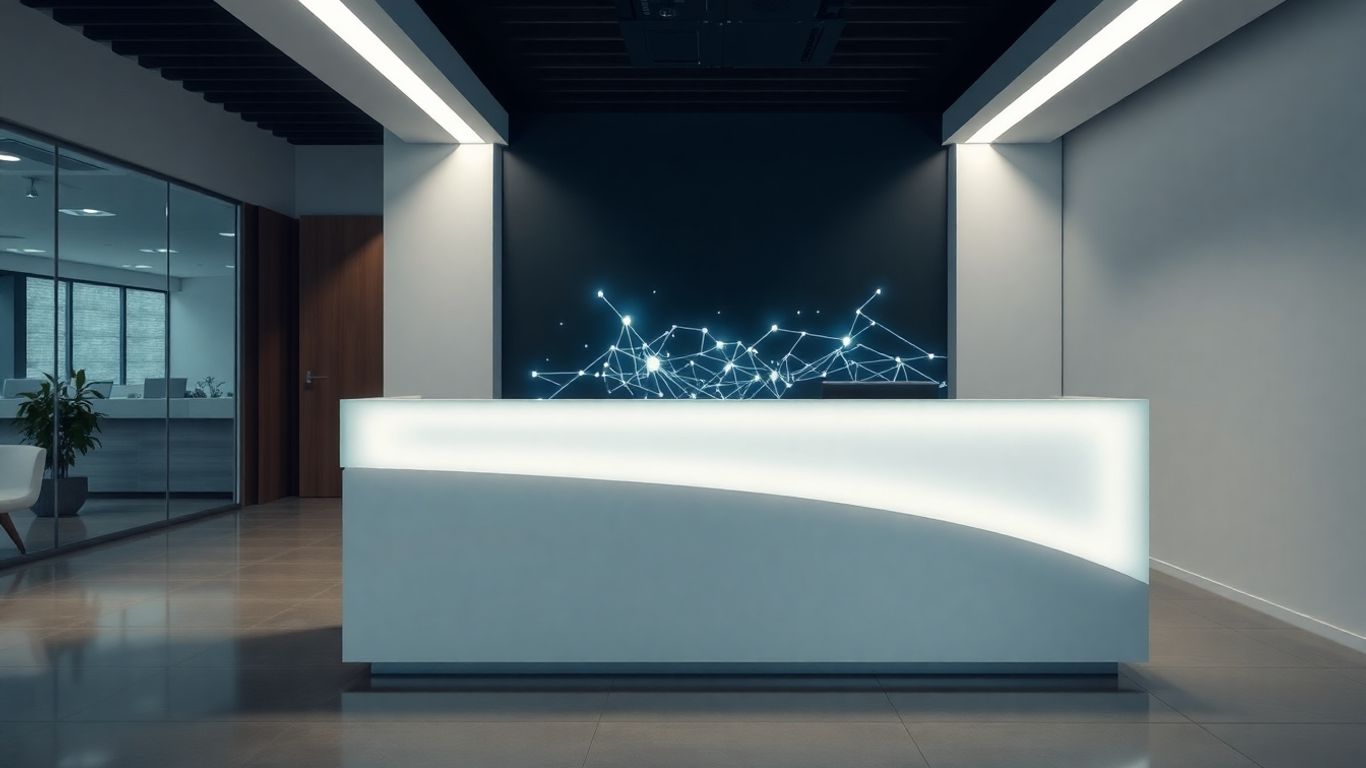 Modern reception desk with glowing digital integration lines.