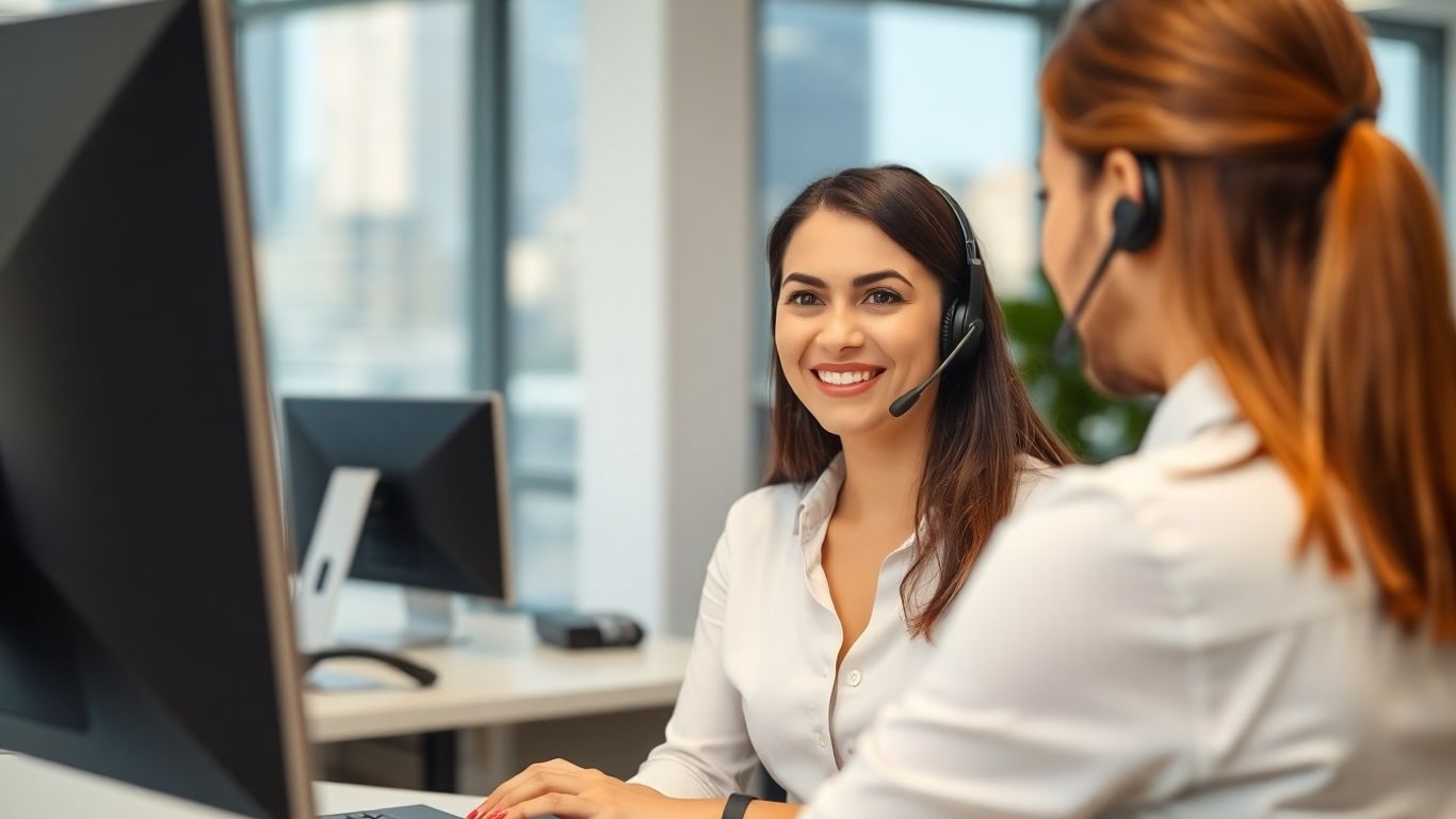Receptionist using headset for customer communication