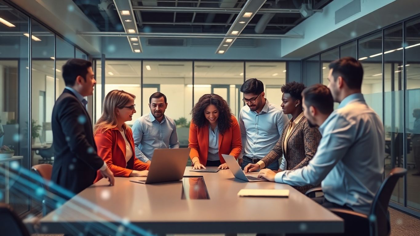 Team collaborating with AI elements in a modern office.