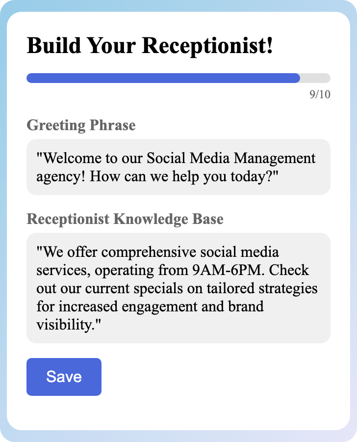 Sample receptionist setup for Social Media Management