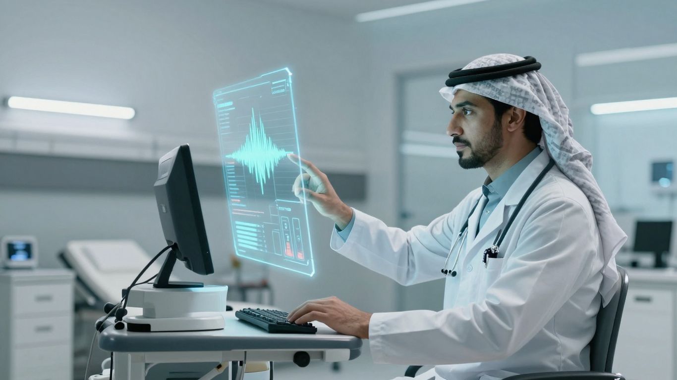 Doctor using voice AI in a hospital setting.