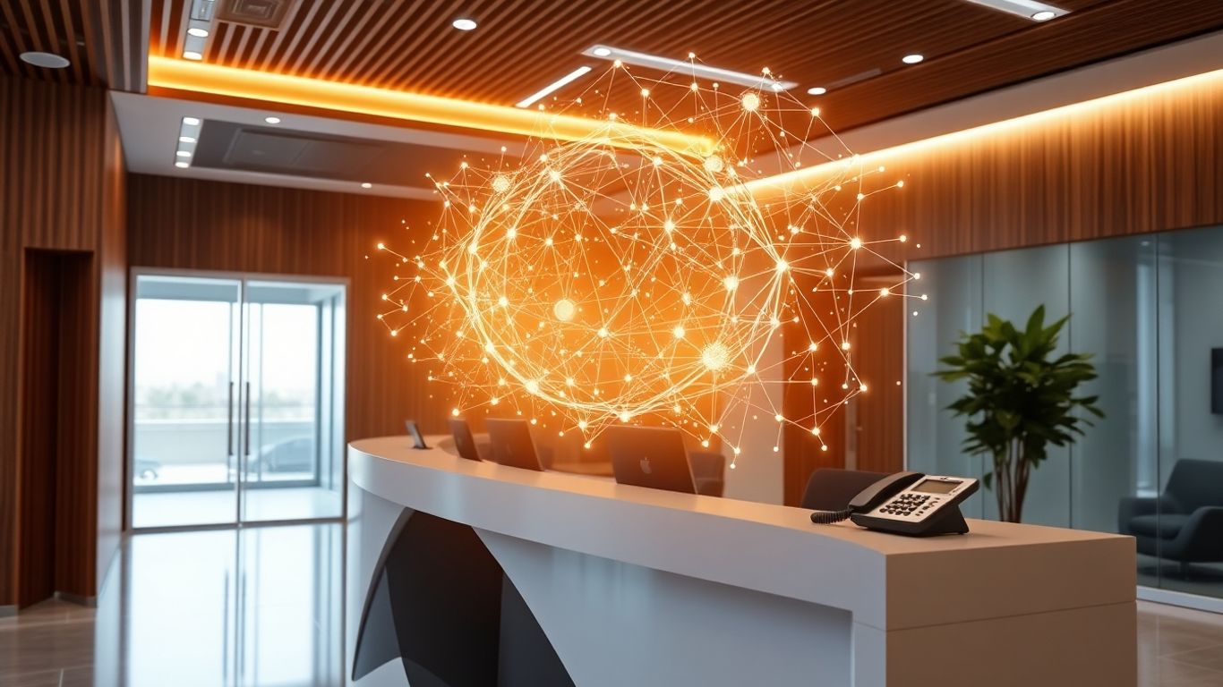 AI receptionist interface interacting with a phone at an office desk.