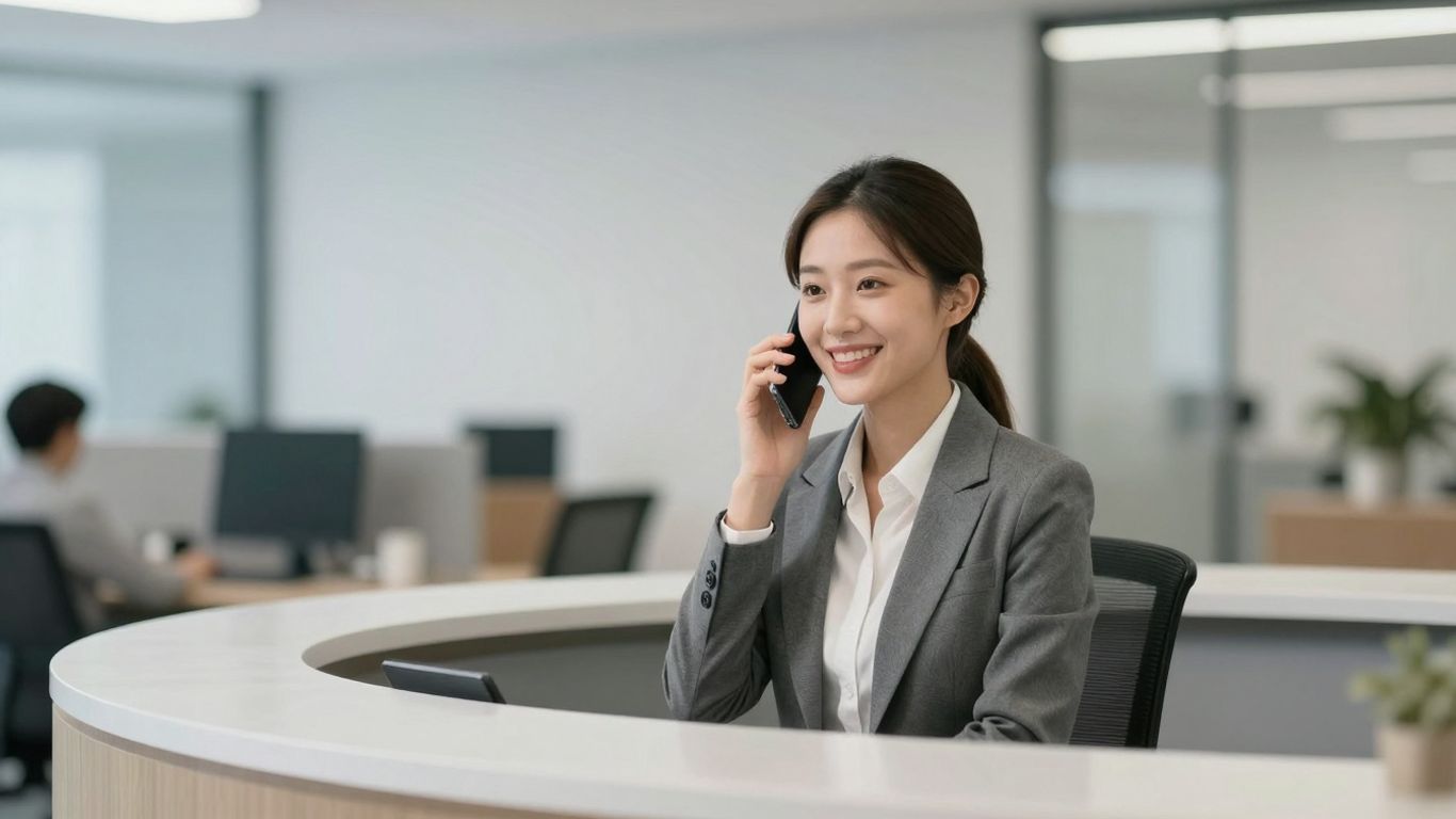 Receptionist answering phone at desk