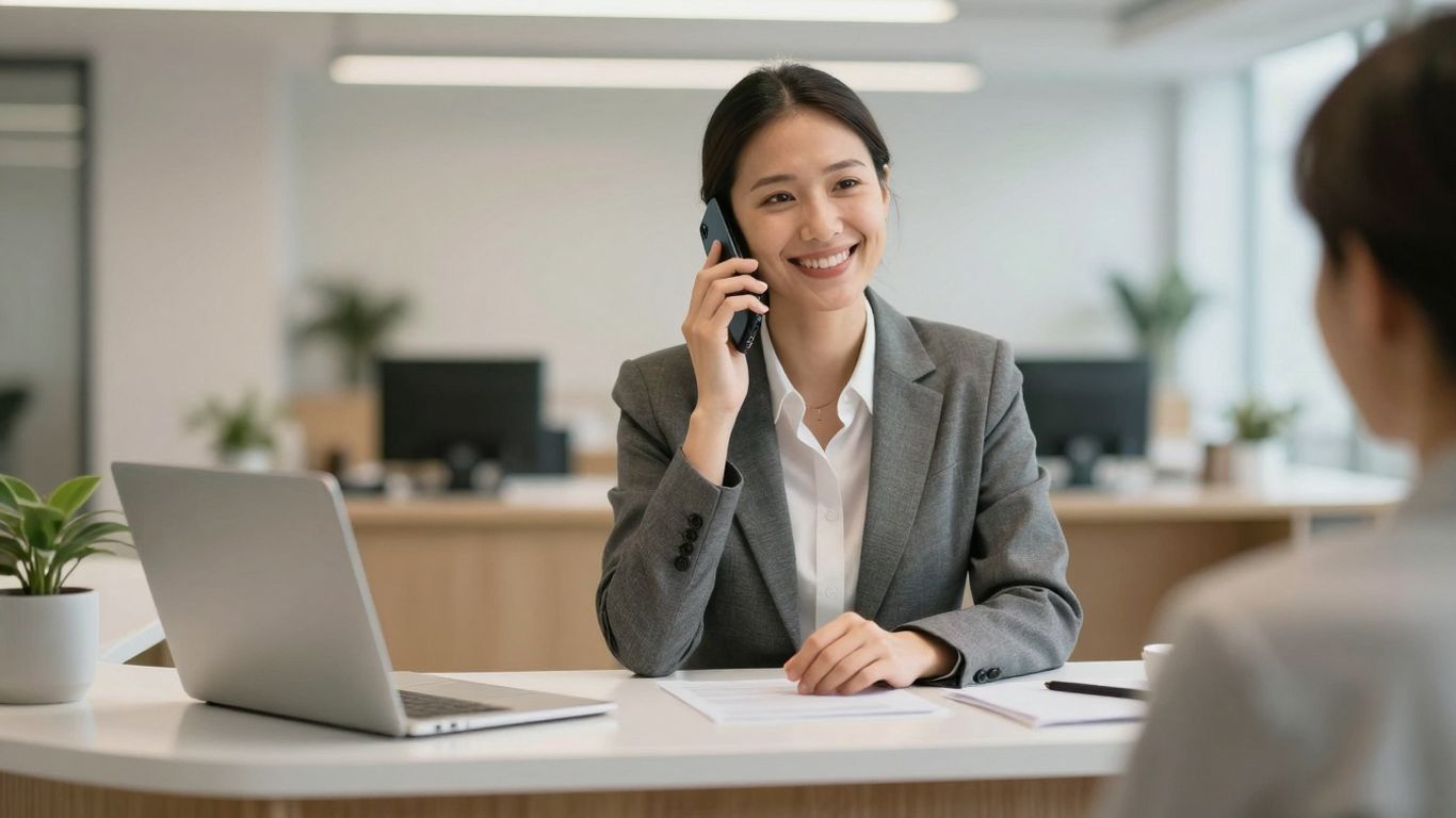 Receptionist on phone preparing for interview