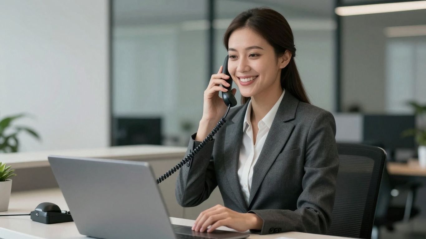 Receptionist answering a phone call at a desk.
