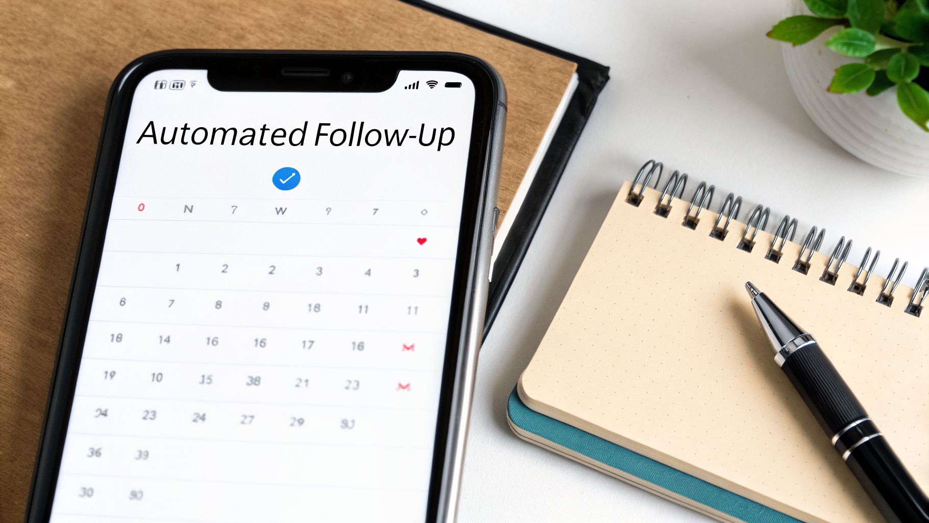 Smartphone displaying an 'Automated Follow-up' calendar app, next to a notebook and pen, on a desk.