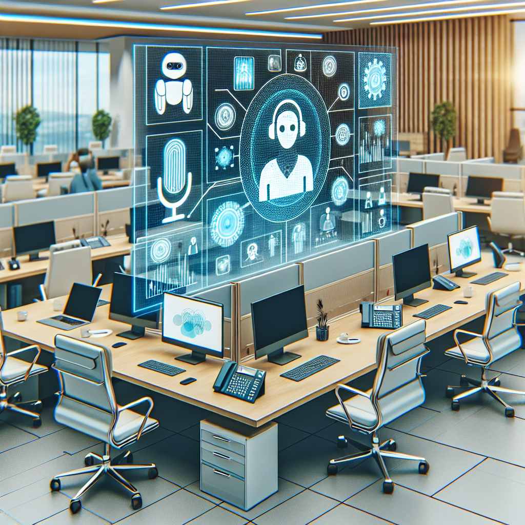 Illustration of a modern office environment showcasing AI-driven communication tools.