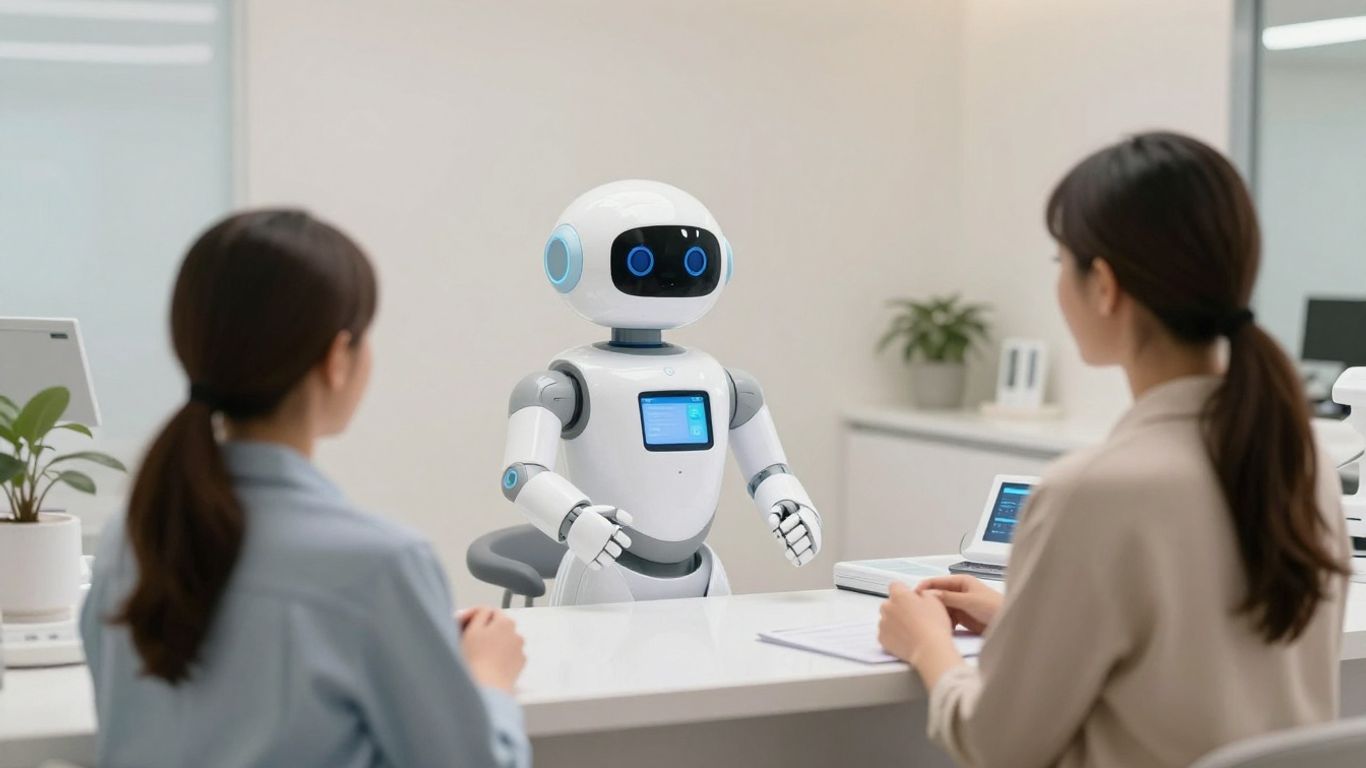 AI receptionist assisting patient in a dental office.
