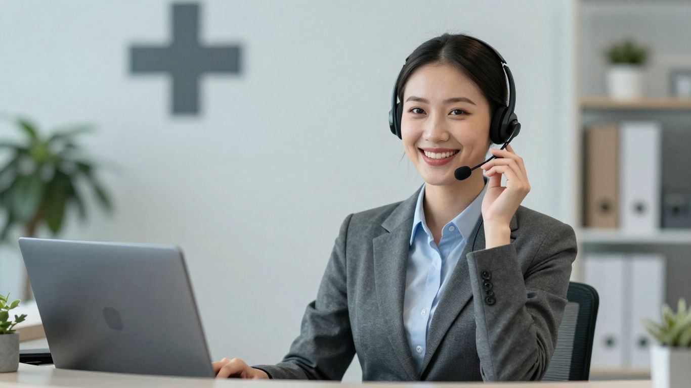 Professional receptionist assisting a patient on the phone.