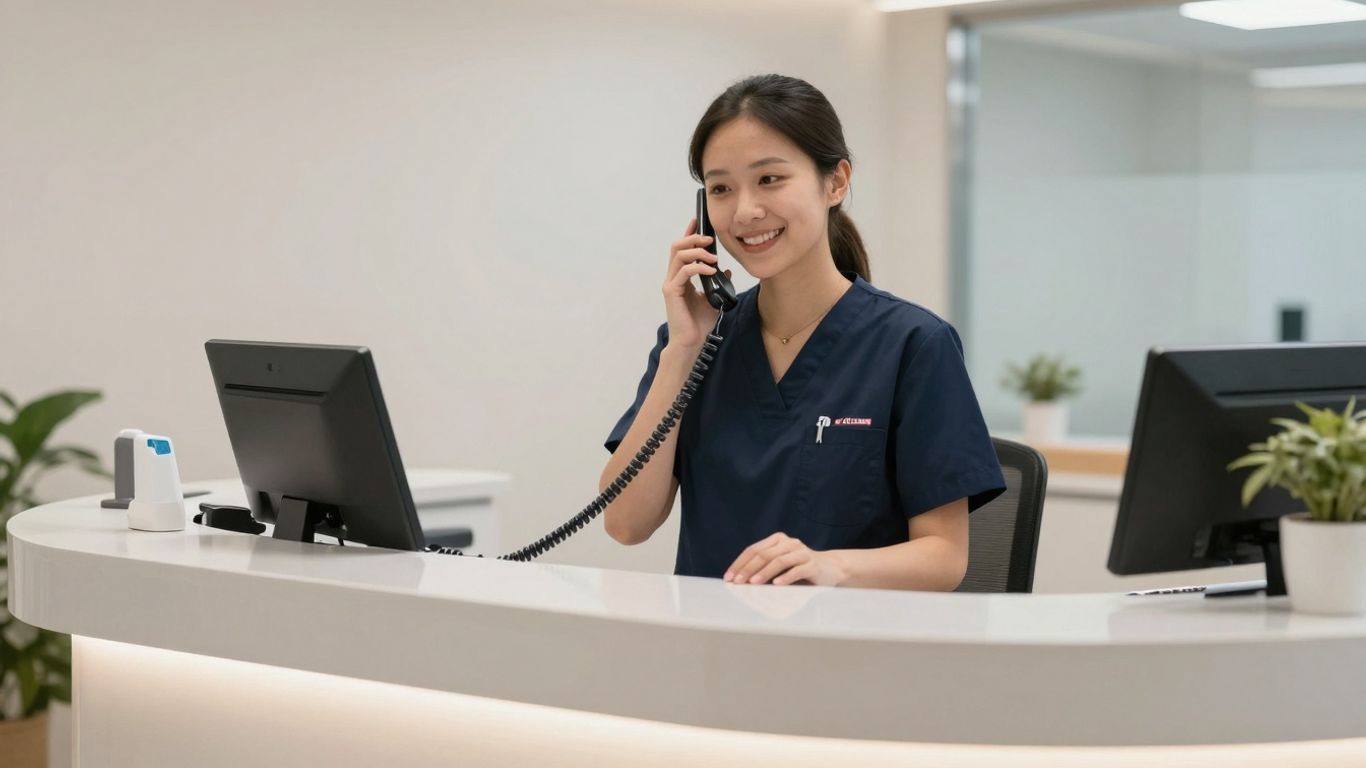 Medical receptionist answering phone at a modern desk.