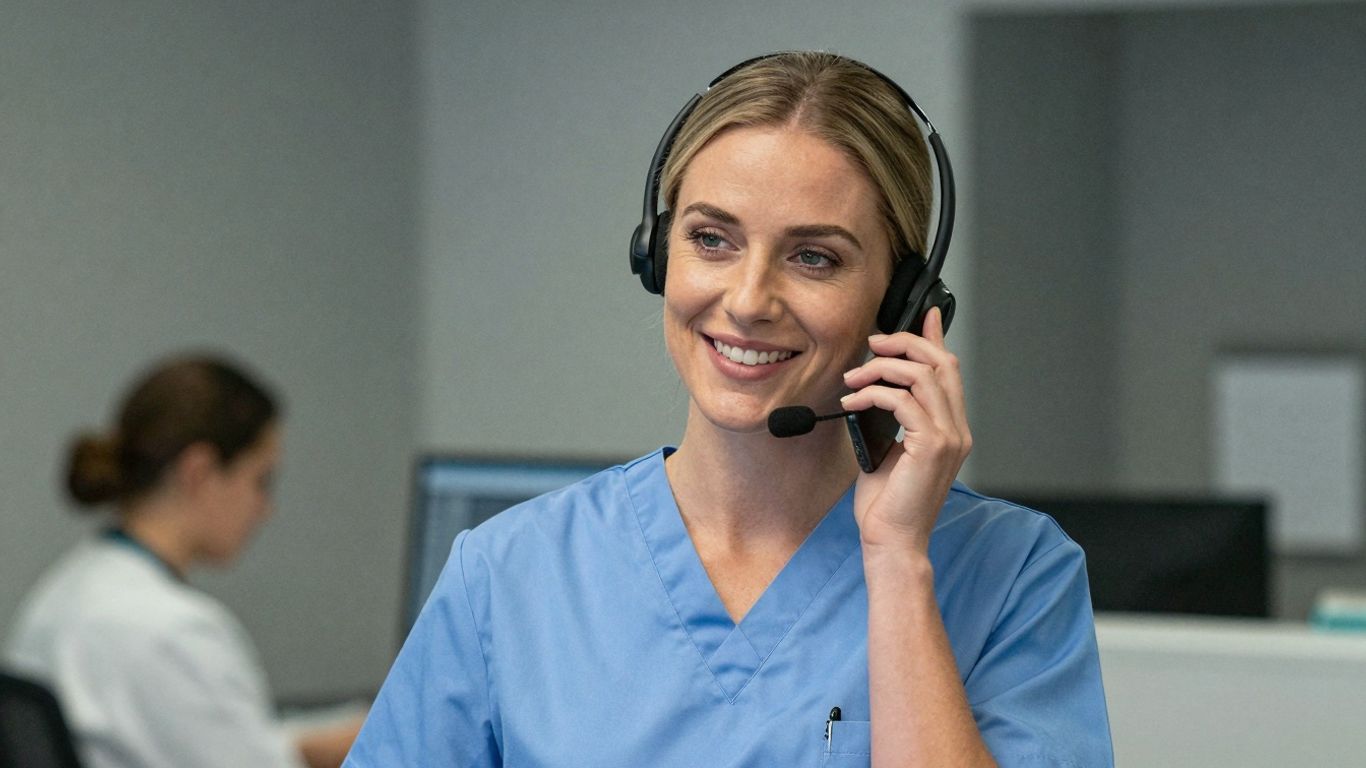 Nurse answering phone, efficient healthcare communication.