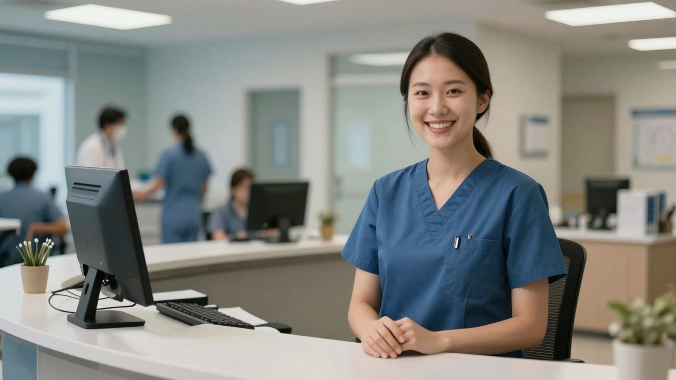 Healthcare receptionist assisting a patient at a desk.
