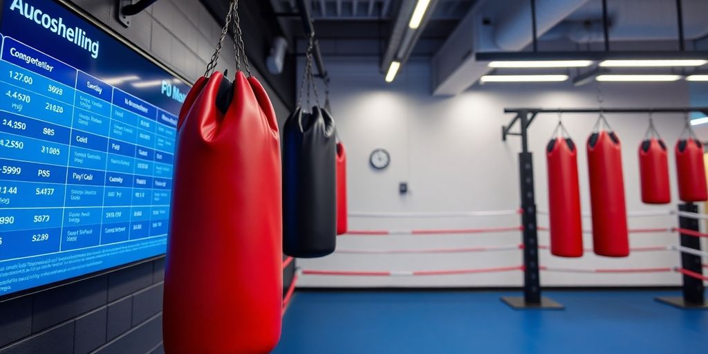 Boxing gym equipment with AI interface overlay.