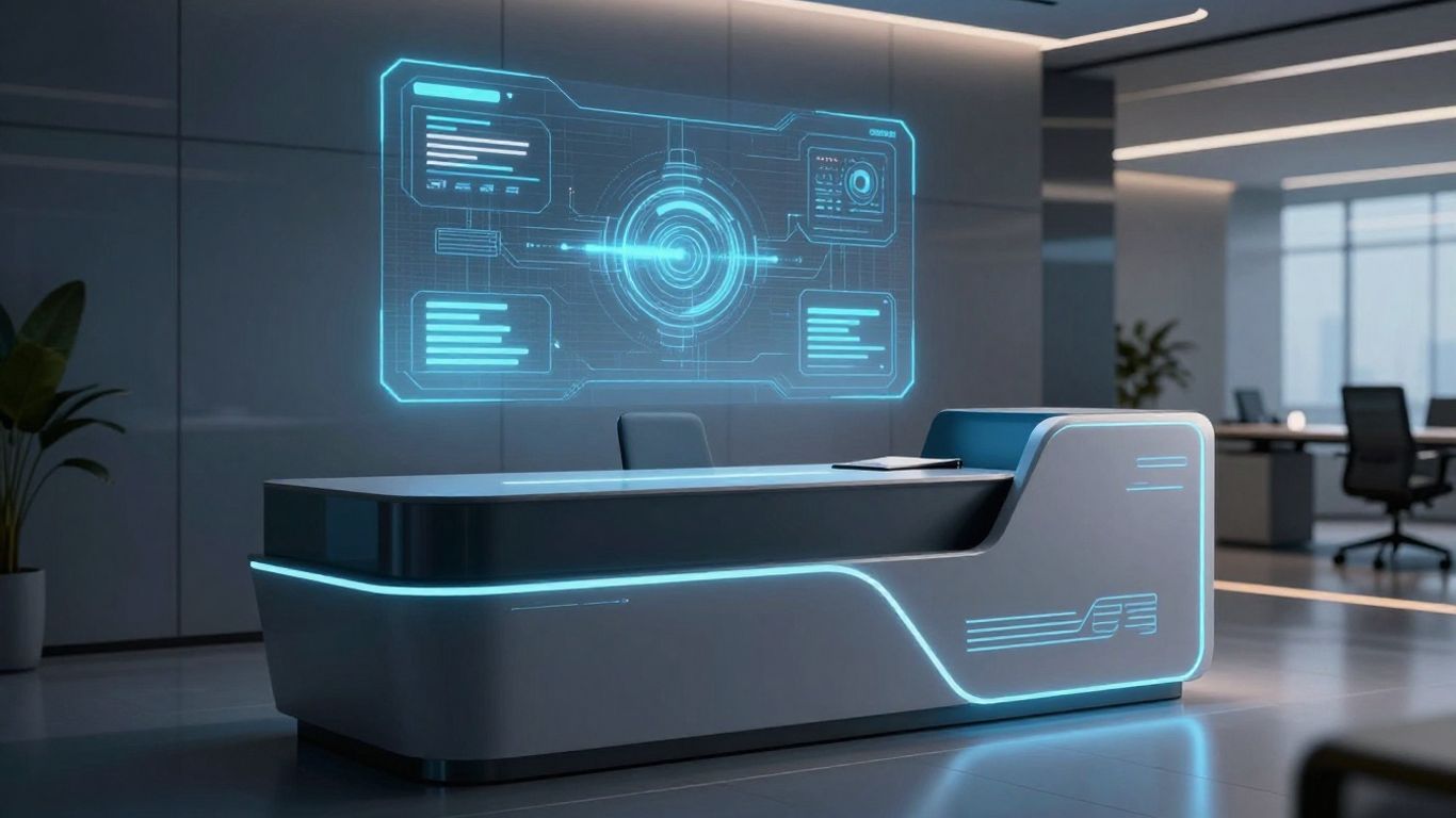 AI receptionist interface in a modern office.