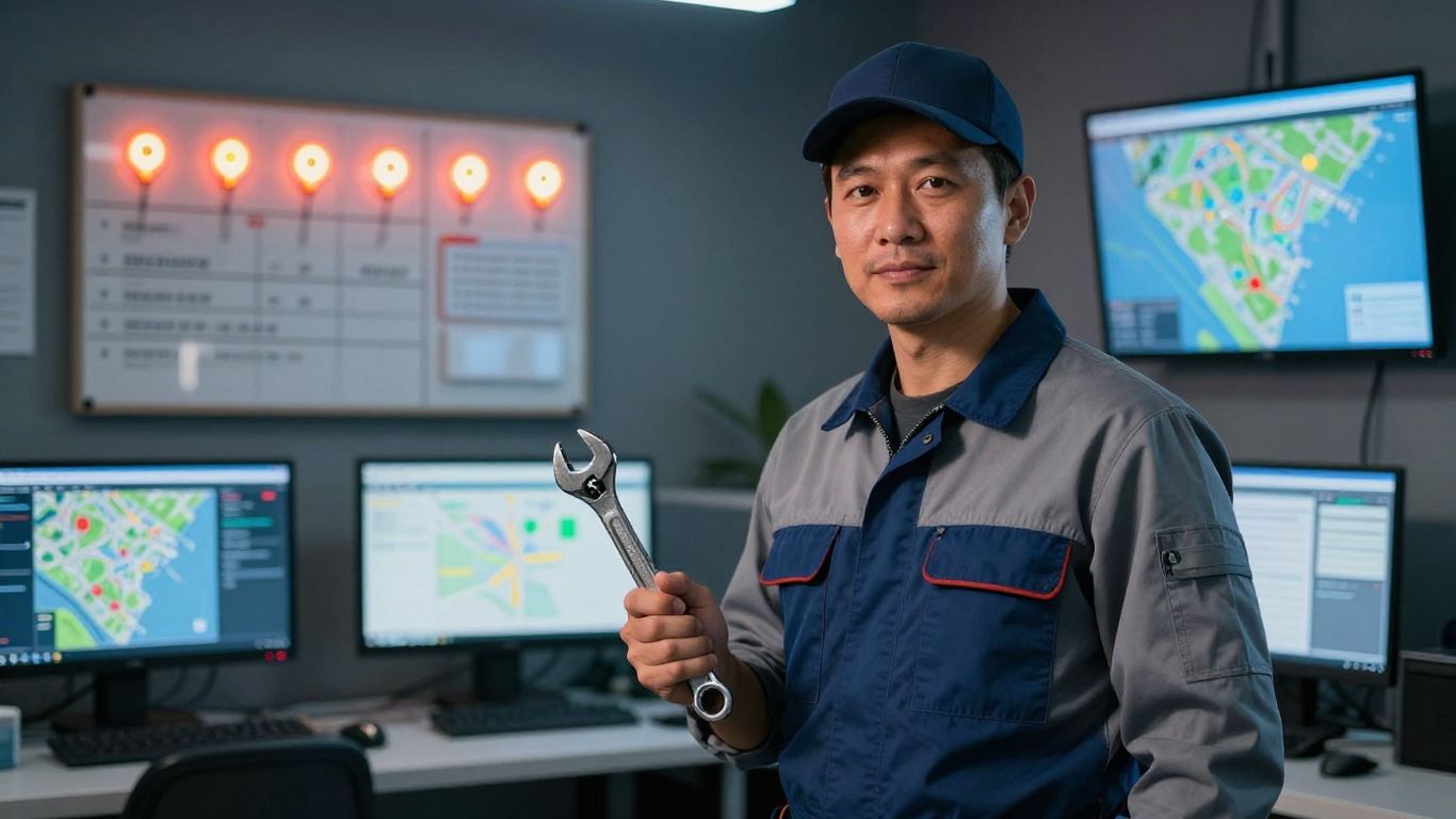 Plumber ready for emergency dispatch with scheduling board.