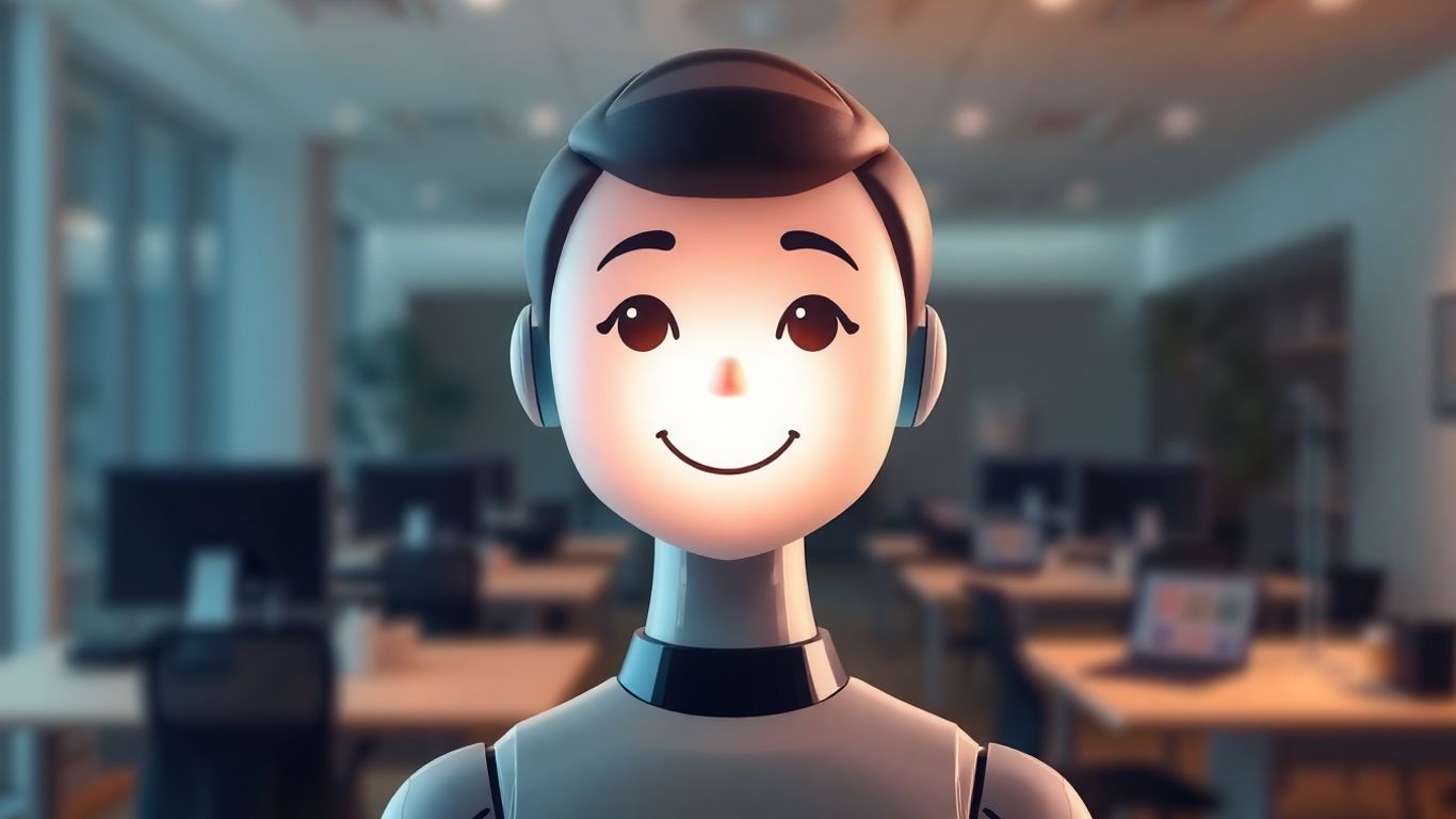 AI receptionist avatar in a modern office setting.