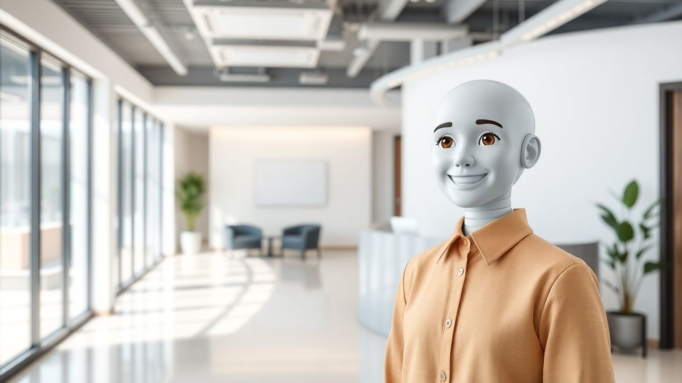 AI receptionist smiling in a modern office.