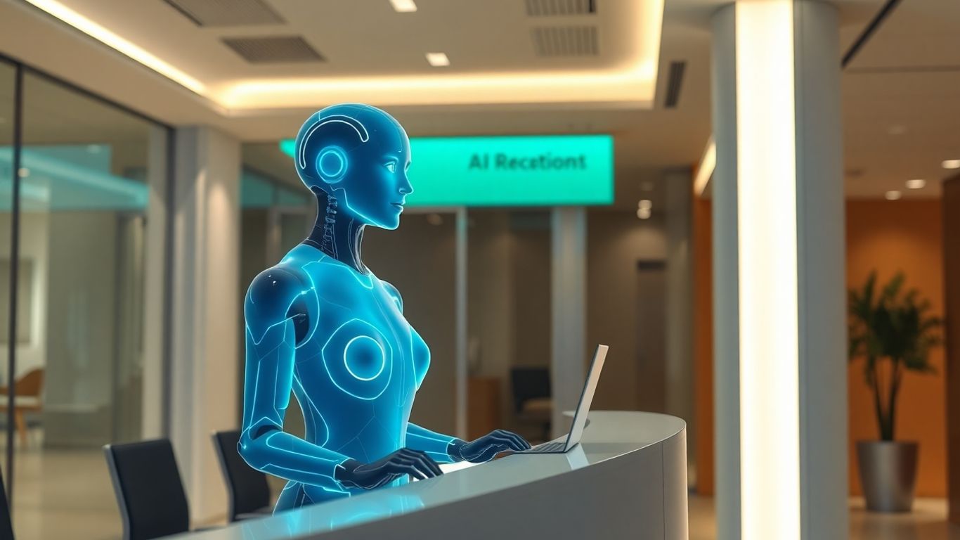 AI receptionist avatar interacting with a digital interface in an office.