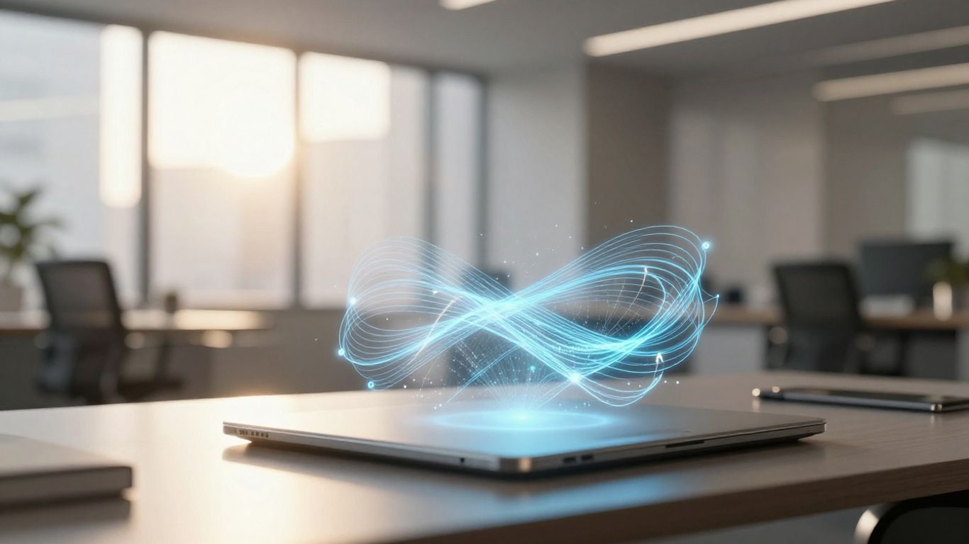 Modern office with glowing data streams.