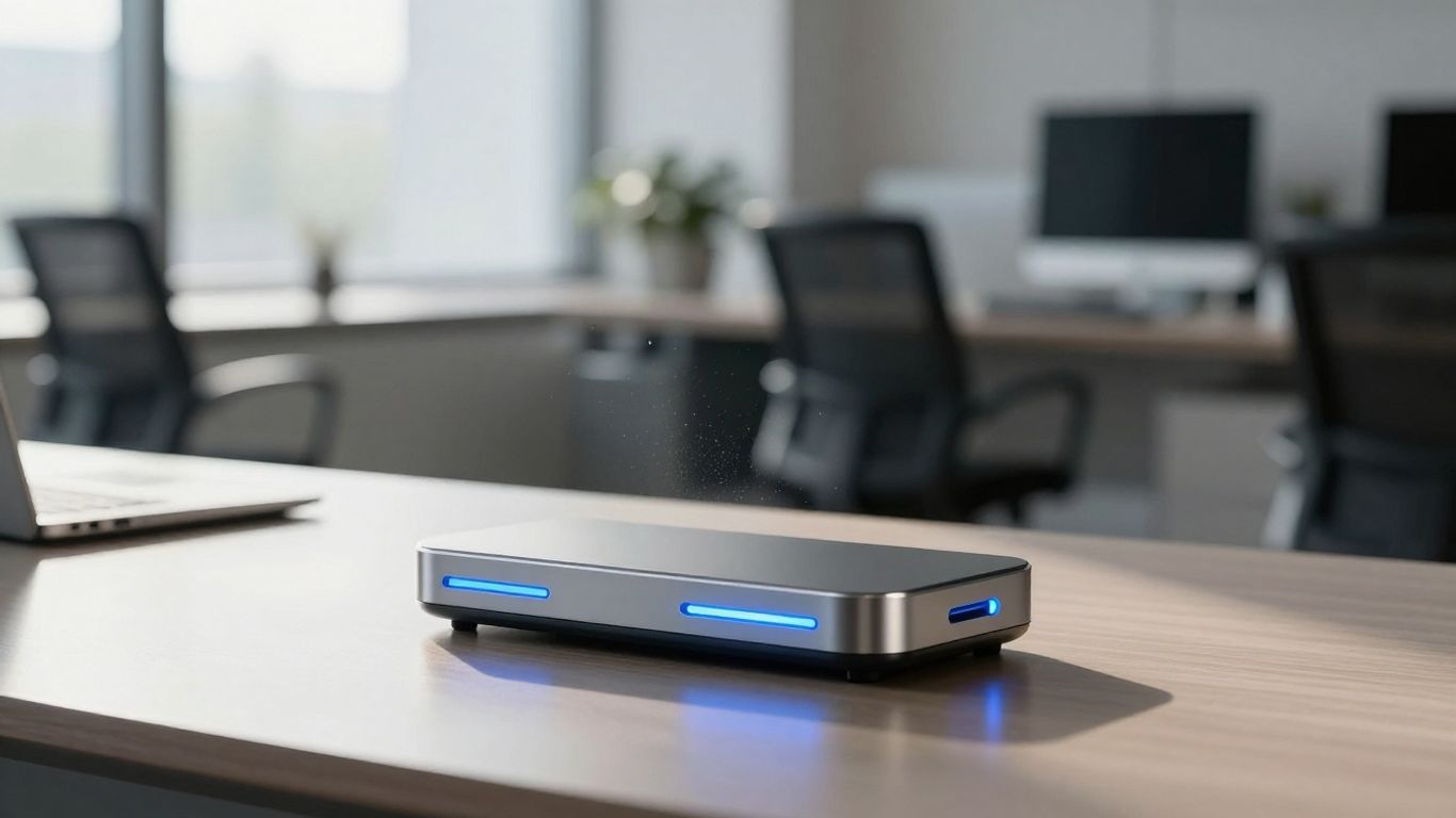 Modern office with Answer Connect device on desk.