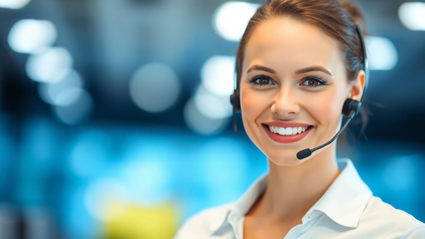 Professional call center agent with headset, smiling.