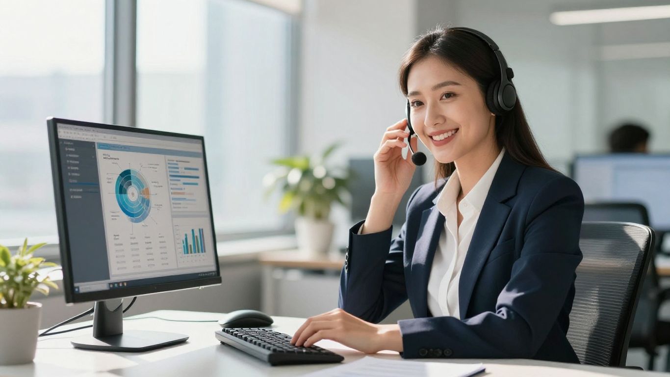 Businesswoman taking phone orders with a headset.