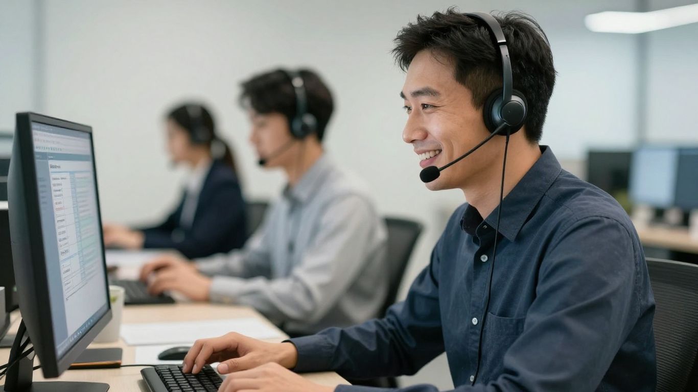 Professional call center agent taking phone orders efficiently.