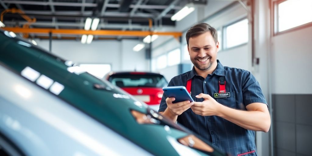 Car wash attendant smiling while using a tablet.