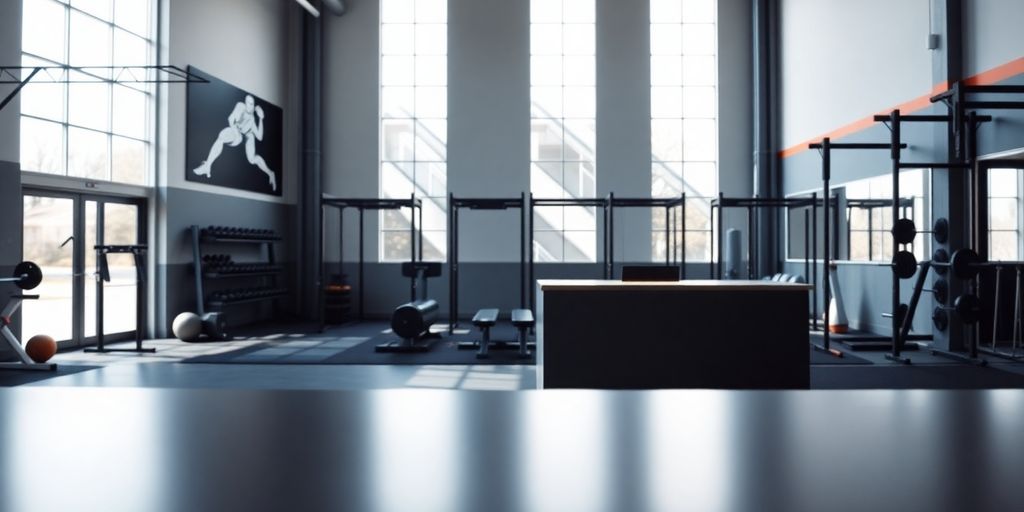 CrossFit gym interior with AI interface.