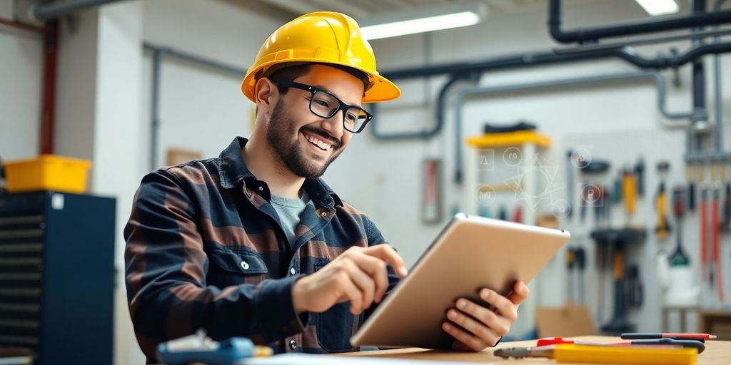 Electrician using tablet with AI interface.