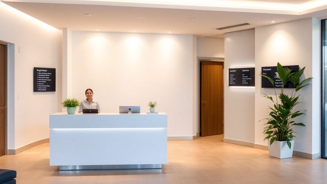 Modern office reception desk with a smiling receptionist.