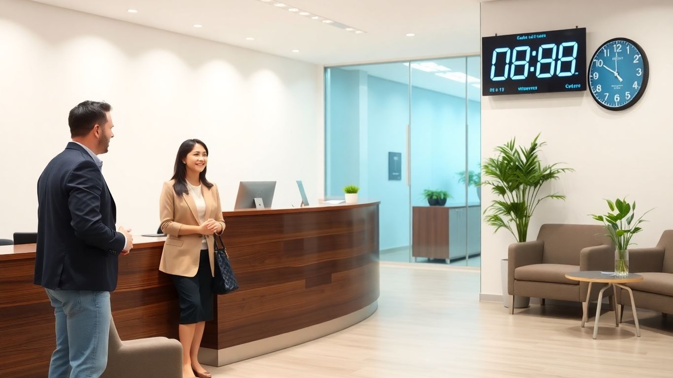 Receptionist managing calls and visitor interactions at a virtual front desk.