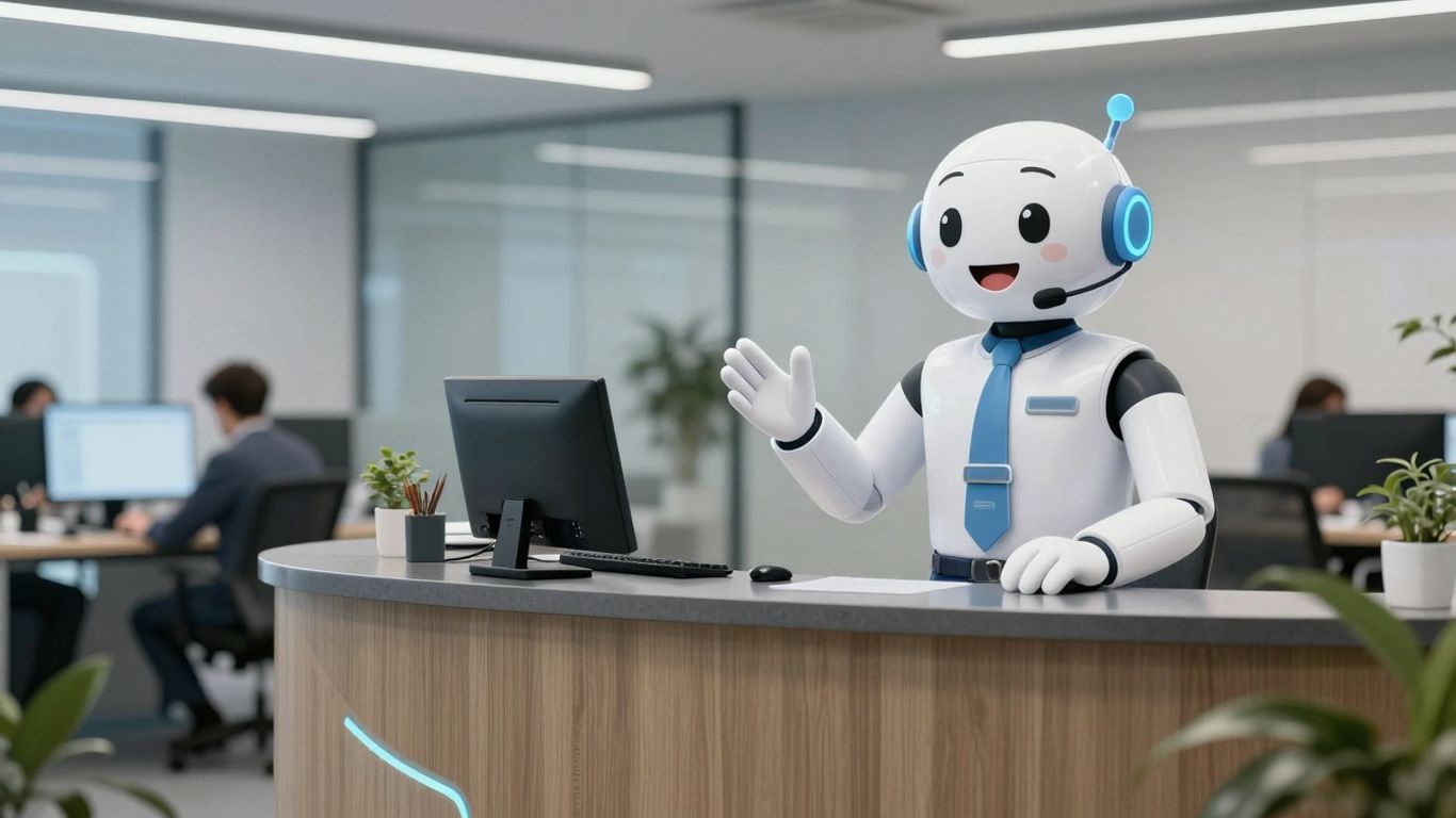 AI receptionist assisting a customer in a modern office.