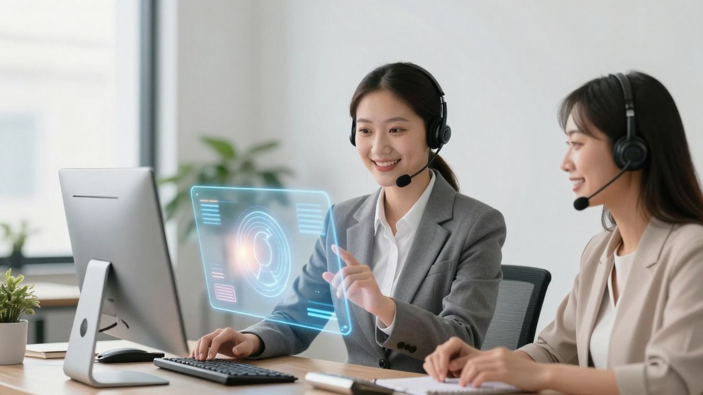 AI customer support helping a person with a smile.