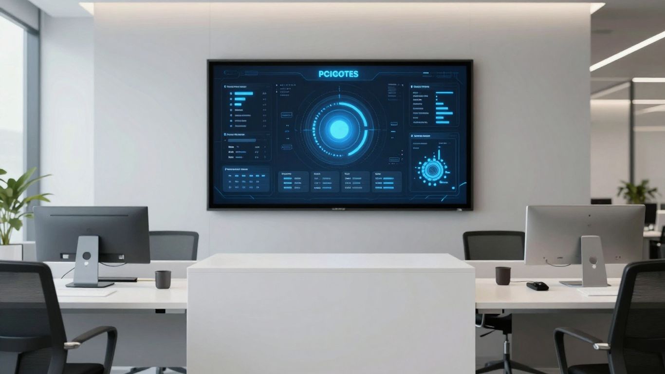 Modern front desk with digital interface and organized workspace.