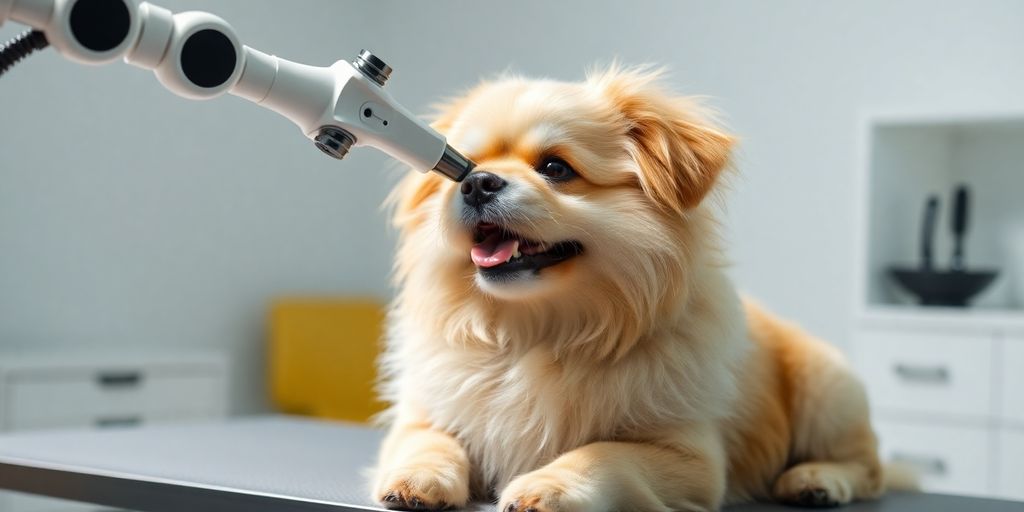Happy dog getting groomed by robotic arm