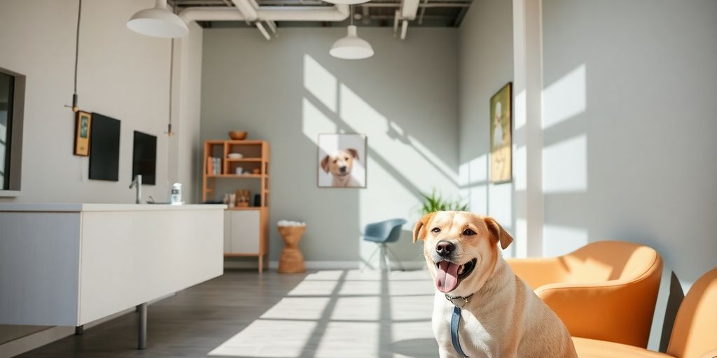 Happy pet owner petting fluffy dog near modern reception desk.