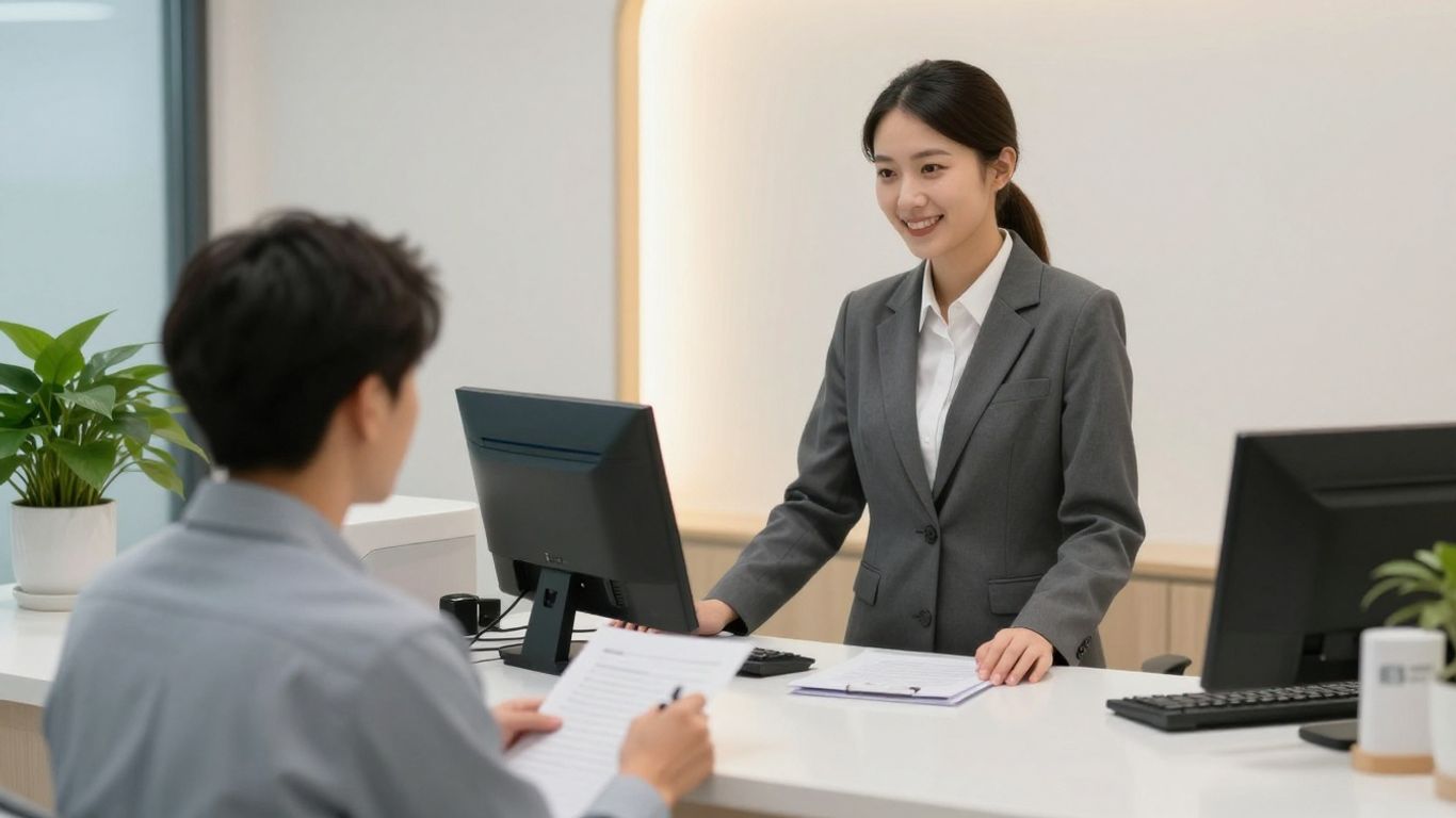 Medical office reception with receptionist and patient.