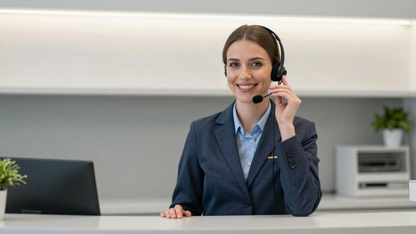 Medical receptionist answering phone in a modern office.