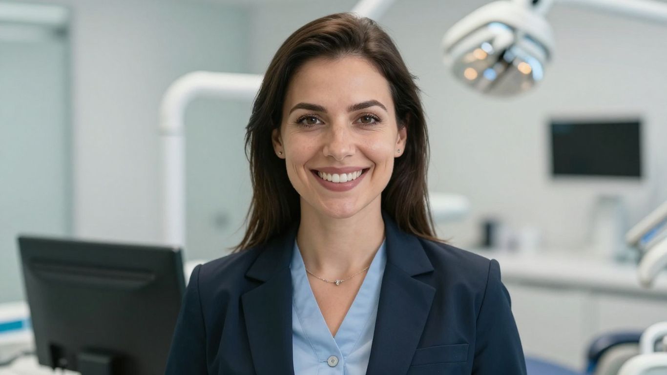 Dental receptionist smiling in a modern office setting.