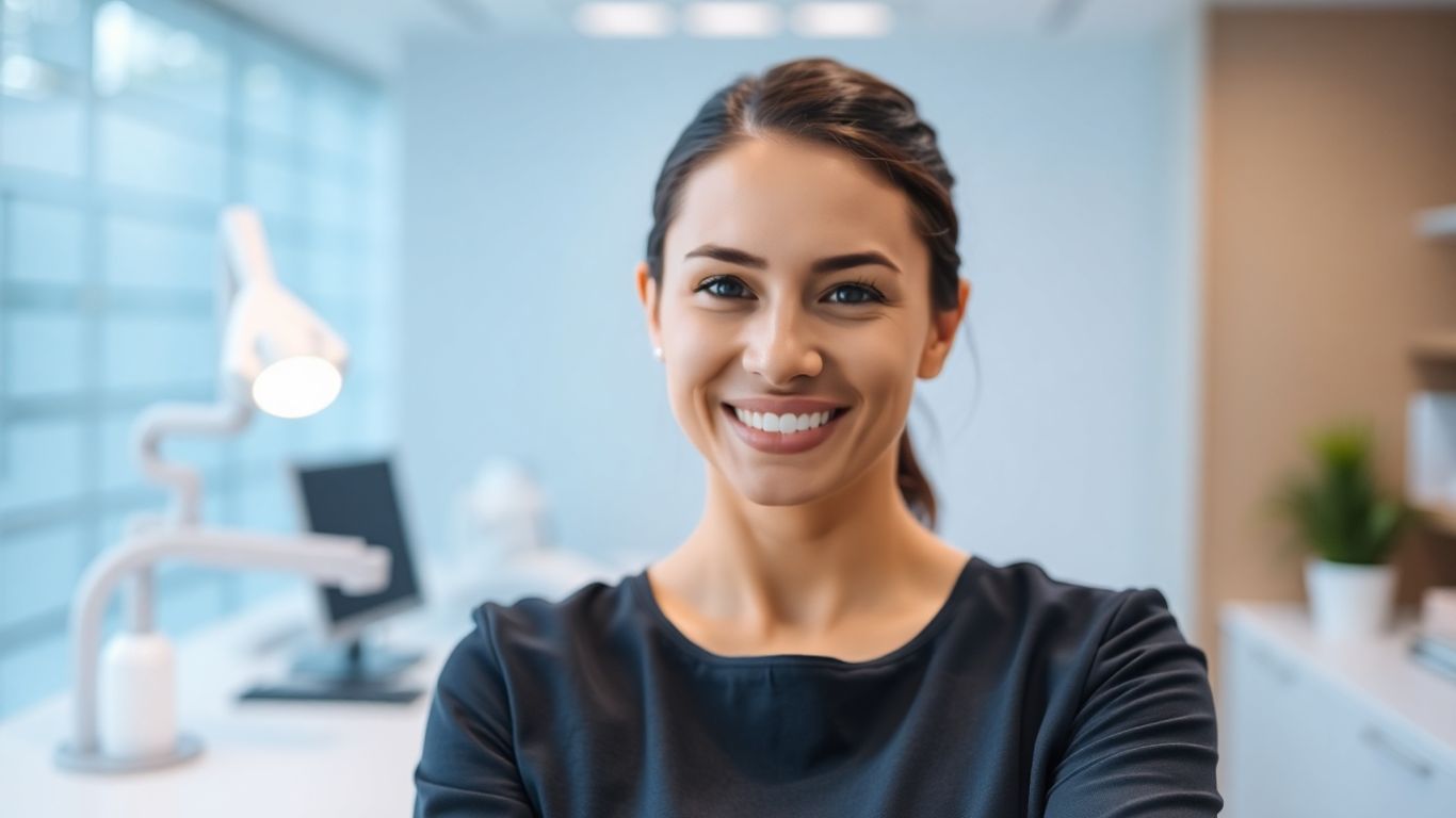 Dental receptionist smiling in a modern office setting.