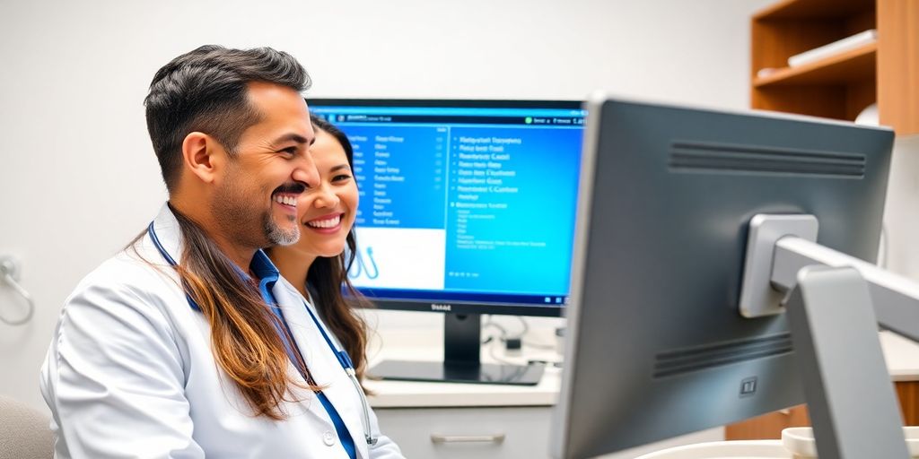 Smiling dentist and patient near a modern computer.