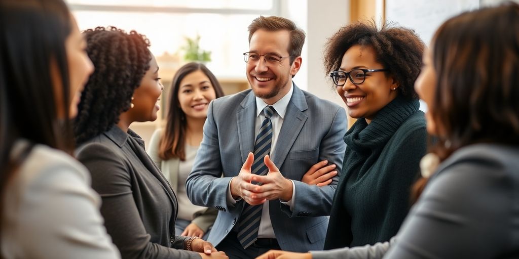 Lawyer engaging with a diverse group of clients.