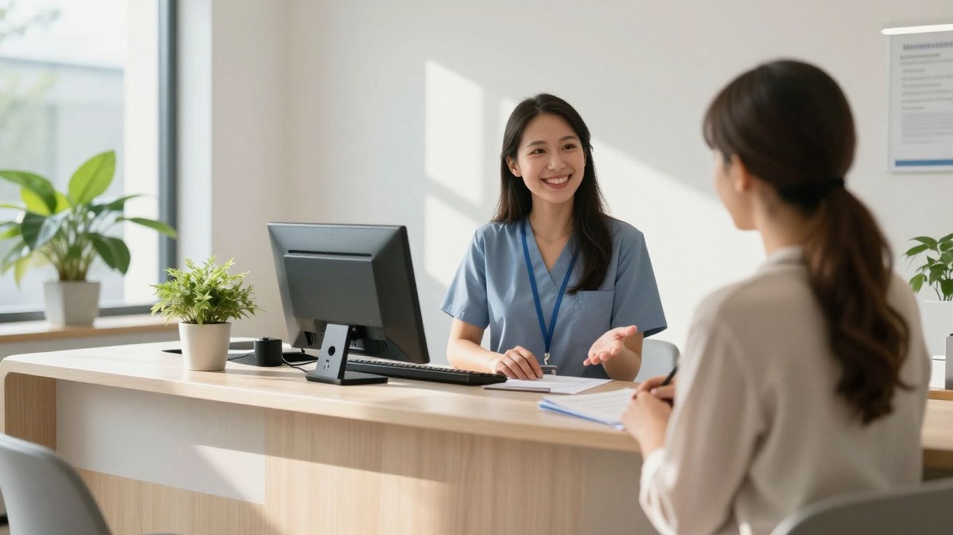 Medical office receptionist assisting a patient with a smile.