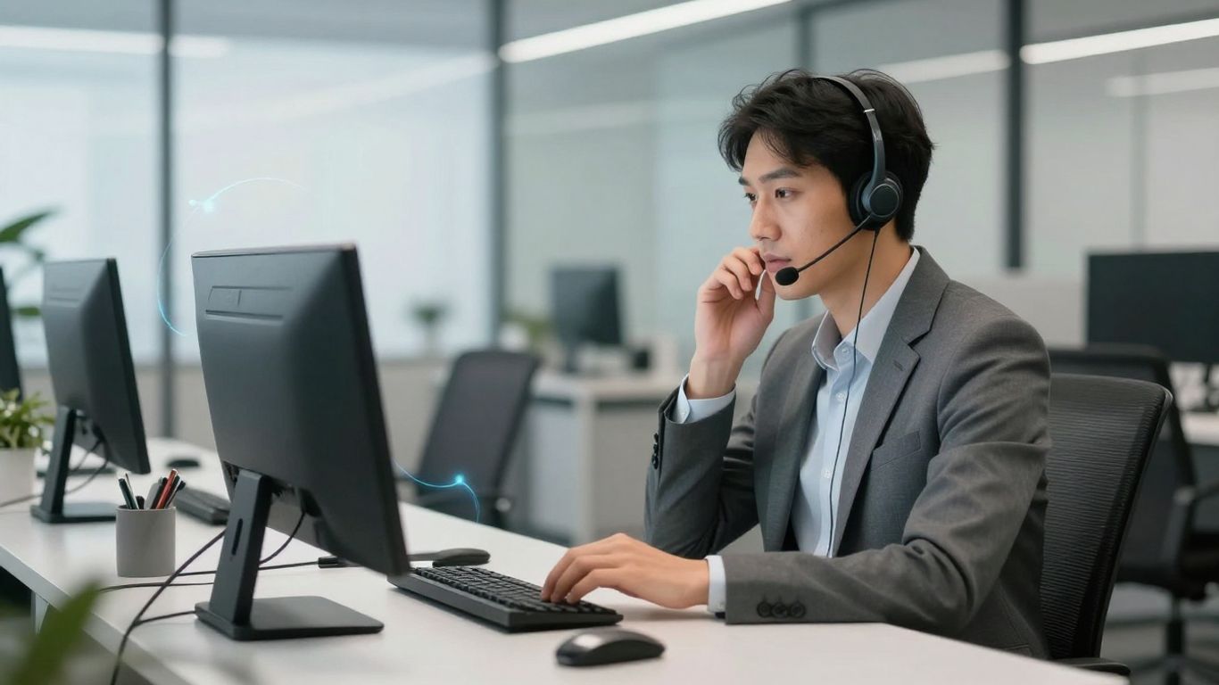 Lawyer using headset for efficient legal intake.