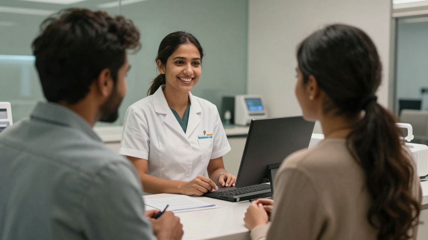 AI receptionist assisting patient in dental office.